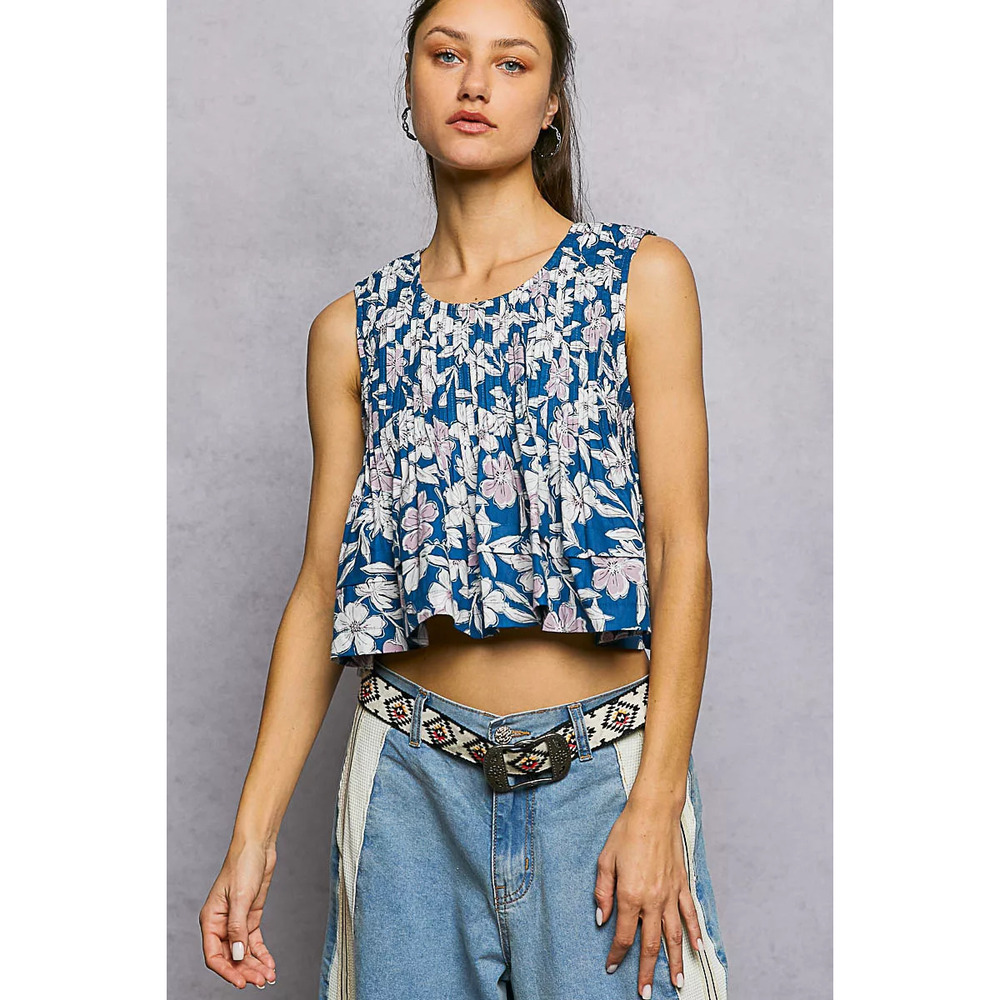 POL Floral Round Neck Cropped Pintuck Tank